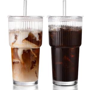 DWTS DANWEITESI Iced Coffee Cups with Lids 2Pcs: Ribbed Glass Tumbler with Straw and Lid 20oz-Vintage Glass Cups with Lids and Straws-Tumbler Leak Proof Aesthetic Drinking for Coffee Bar Accessories