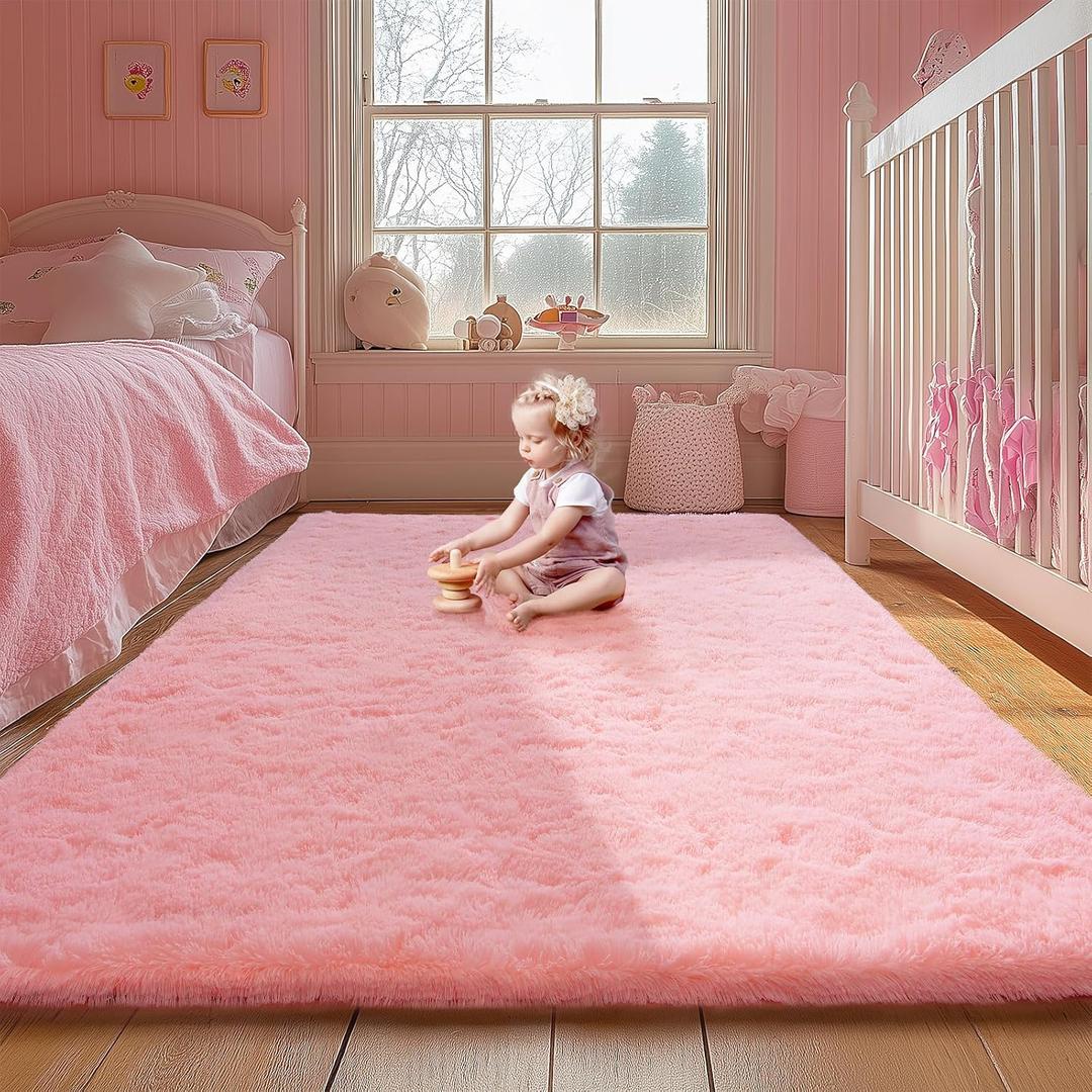 Pink Area Rugs for Girls Bedroom, 9x12 Fluffy Fuzzy Shaggy Carpet for Kids Playroom Nursery Living Room, Thick Soft Plush Mat for Kids Baby Boys Teen Dorm Home Decor Aesthetic