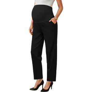 OUGES Womens Stretchy Maternity Over Belly Casual Work Straight Leg Pants Ankle Business Office Trousers with Pockets (Large, Black)