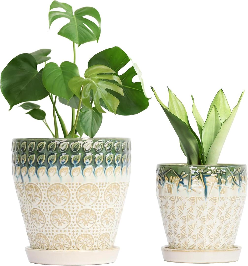 Ceramic Planter Pots for Indoor Plants, 8Inch + 6 Inch Plant Pot with Drainage Holes, Saucers and Mesh Pads, Succulent Orchid Flower Pot -Set of 2 (Green+white)