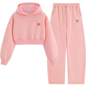 Aelfric Eden Baggy Sweatsuit Set for Womens Fleece 2 Piece Outfits Tracksuit Matching Crop Top Hoodies Barrel Pants (X-Small, Pink)