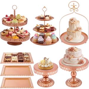 Lallisa 8 Pcs Cake Stands Set Metal Dessert Table Display Tiered Cupcake Holder Candy Donut Fruit Plate Cake Serving Tray with Handle Treats Serving Tower for Wedding Birthday Party(Rose Gold)
