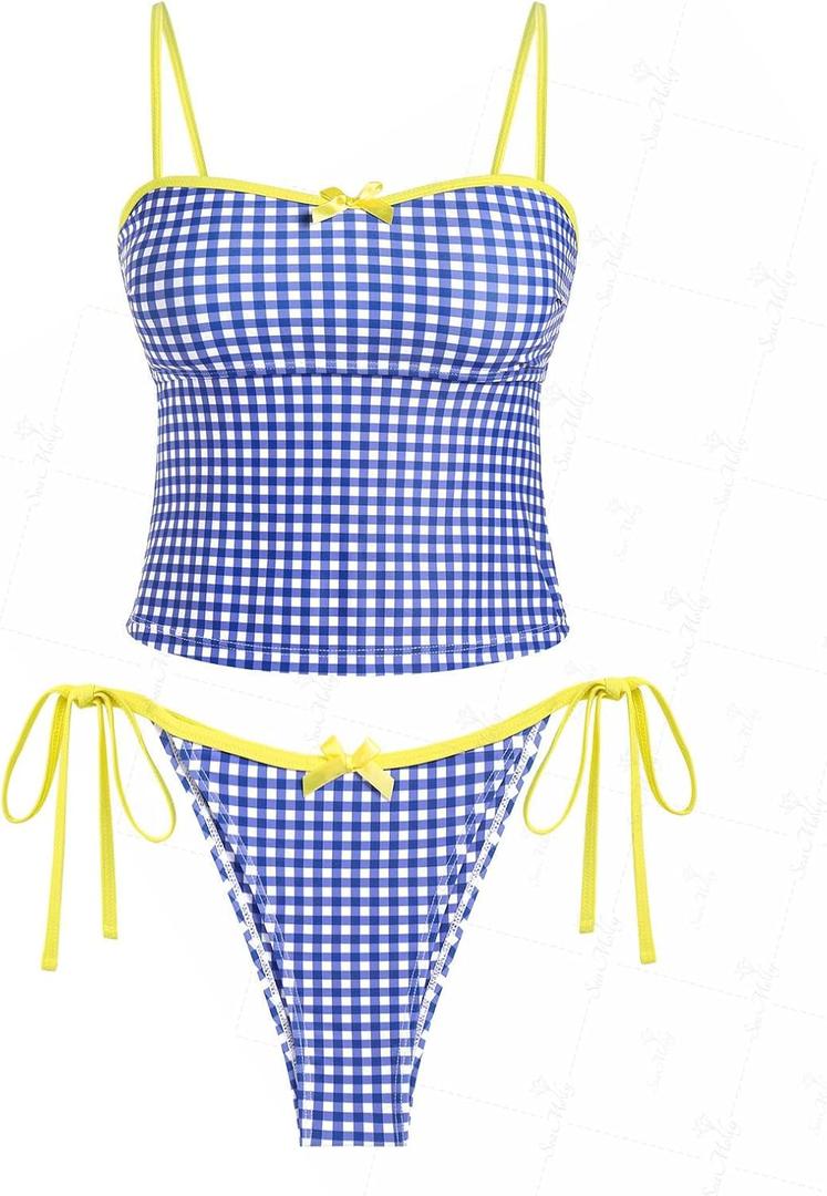 seamoly Womens Cute Tankini Set Gingham Two Piece Swimsuits with Bow Back Tie Side Bottom (Blue, XS)