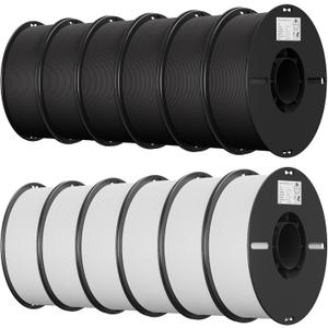 Creality 12 Pack PLA 1.75mm Filament Bundle for 3D Printing with No-Tangling Strong Bonding and Overhang Performance, Accuracy +/- 0.02mm (6 Black+6 White)