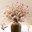 Alupssuc 16PCS Faux Silk Pompon Mums Artificial Flowers with Eucalyptus, Fake Chrysanthemum Floral for DIY Vase Arrangement, Long Stem Dining Table Centerpiece Home Decor, Beige