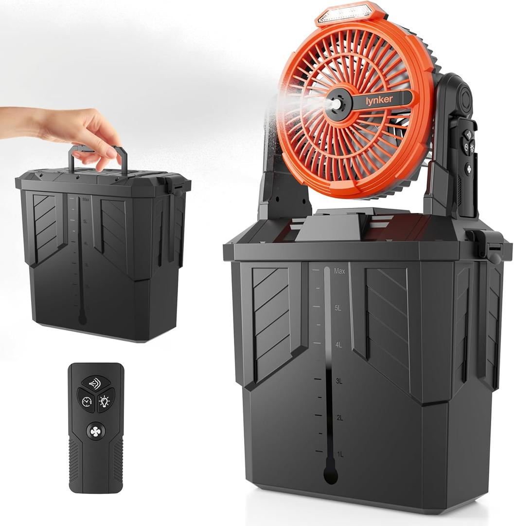 lynker Portable Misting Fan with Remote, Camping Fan with 20000mAh Rechargeable Battery Operated, 6L Water Tank, 3 Speed Levels, 2 Spray Modes, Hanging & Lighting for Outdoor Indoor Cooling (Orange)