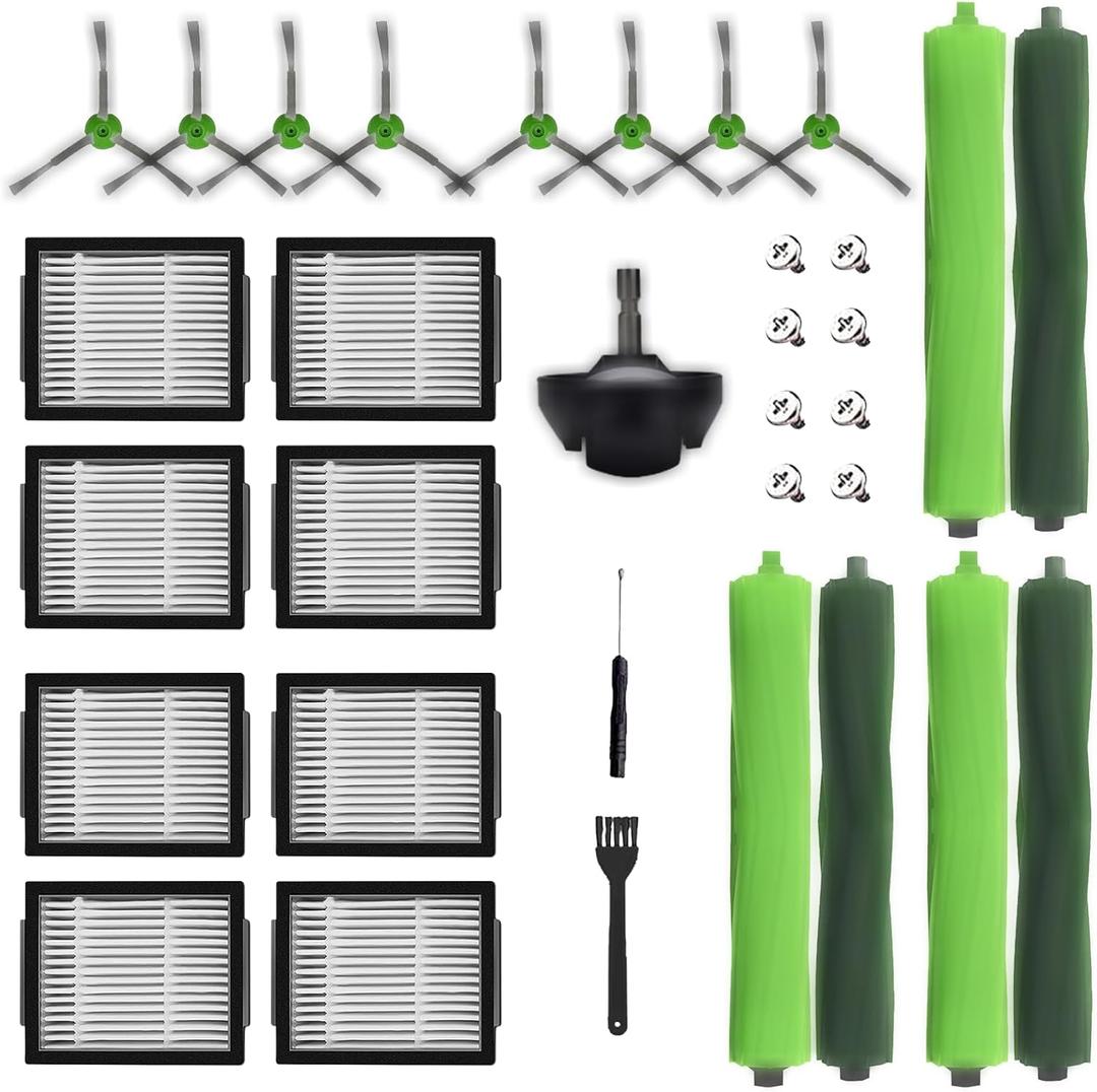 Replacement Parts accessories for Roomba i1+ i7 i7+ i3+ i4+ i6+ i8+/PlusJ7+ E5 E6 E7 I E& J Series Vacuum,3 set Roller Brushes,8 Filters, 8 Side Brushes,1 Caster Wheel (Plastic)