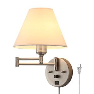 PFQCGU Swing Arm Wall Sconces, Plug-in Wall lamp,Bedroom Wall lamp ， White Fabric Shade，，with dimmable Switch and USB Charging Port, Suitable for Bedside, Living Room, Reading (Nickel)