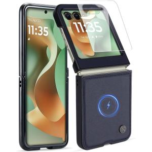 Genuine Leather Folio Magnetic Case for Motorola Razr 2025 Ultra [Compatible with MagSafe],Built-in Screen Protector and Thin Slim Protective Case Cover Blue