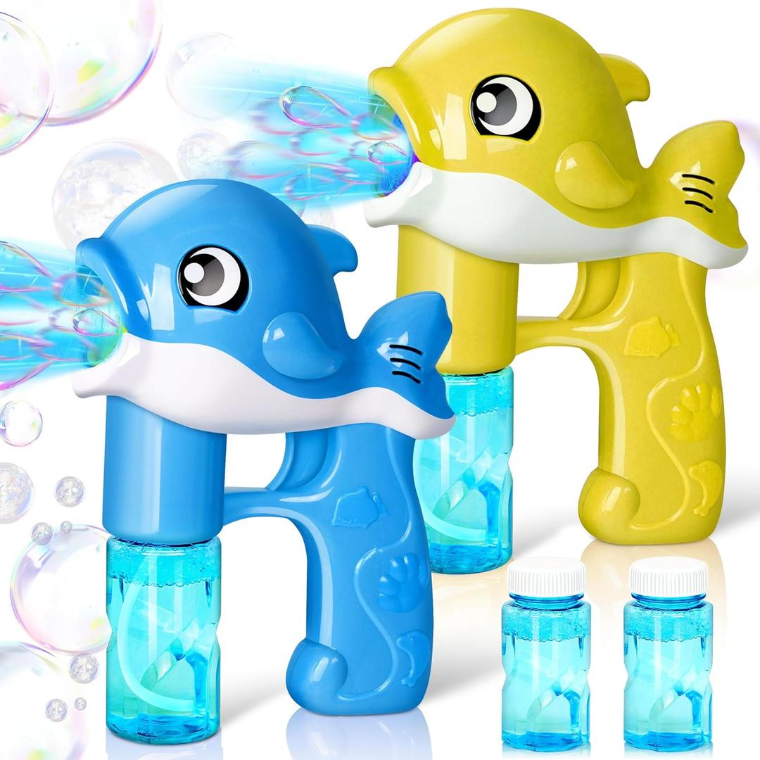JOYIN 2 Bubble Guns Kit, Whale Automatic Bubble Maker Blower Machine with 4 Solutions for Kids, Party Favors, Summer Toy, Birthday, Outdoor & Indoor Activity (Yellow+blue)