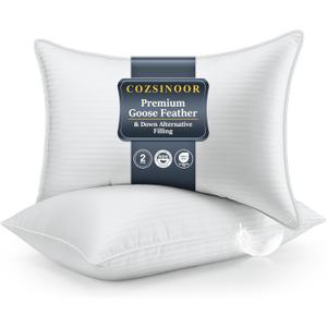 COZSINOOR Goose Feather Pillows King Size Set of 2 - Hotel Down Bed Pillow for Sleeping, Soft 600 TC Cotton Cover, Fluffy Support Surround Fill Down Alternative for Back, Stomach, Side Sleepers