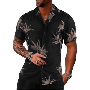 Milumia Men's Tropical Print Short Sleeve Collared Vacation Button Down Shirts Black, Medium