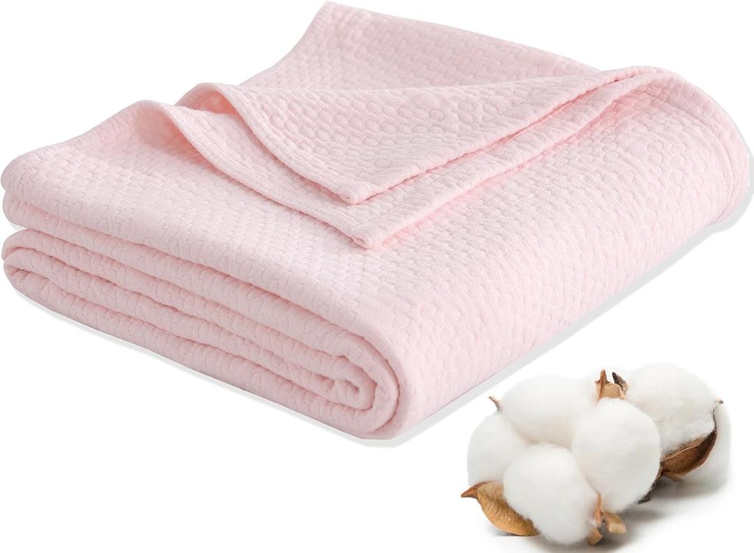 Premium 100% Cotton Blanket – All-Season Soft Breathable Bed Blanket for Twin Size – Lightweight Stylish Textured Throw for Bed– Giftable Cozy Bedding, Twin(60" x 80") Pink