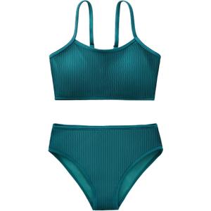 Girl's 2 Piece Swimsuit Solid Spaghetti Strap Bikini Sets Beach Bathing Suit Swimwear for Teen Kids (Dark Green) 11-12 Years
