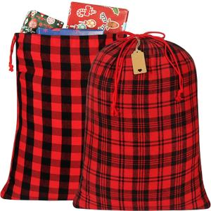 HRX Package 2pcs Cotton Santa Bag, 28x20 inch Plaid Fabric Drawstring Christmas Bags, Reusable Cloth Wrapping Bag with Gift Tag for Xmas Presents (Multicolor)