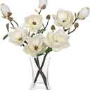 Briful Artificial Magnolia Flower Arrangement with Glass Vase, 18.5in White Faux Magnolia Flowers Fake Floral Centerpiece for Eleglant Home Office Room Table Shelf Dcor