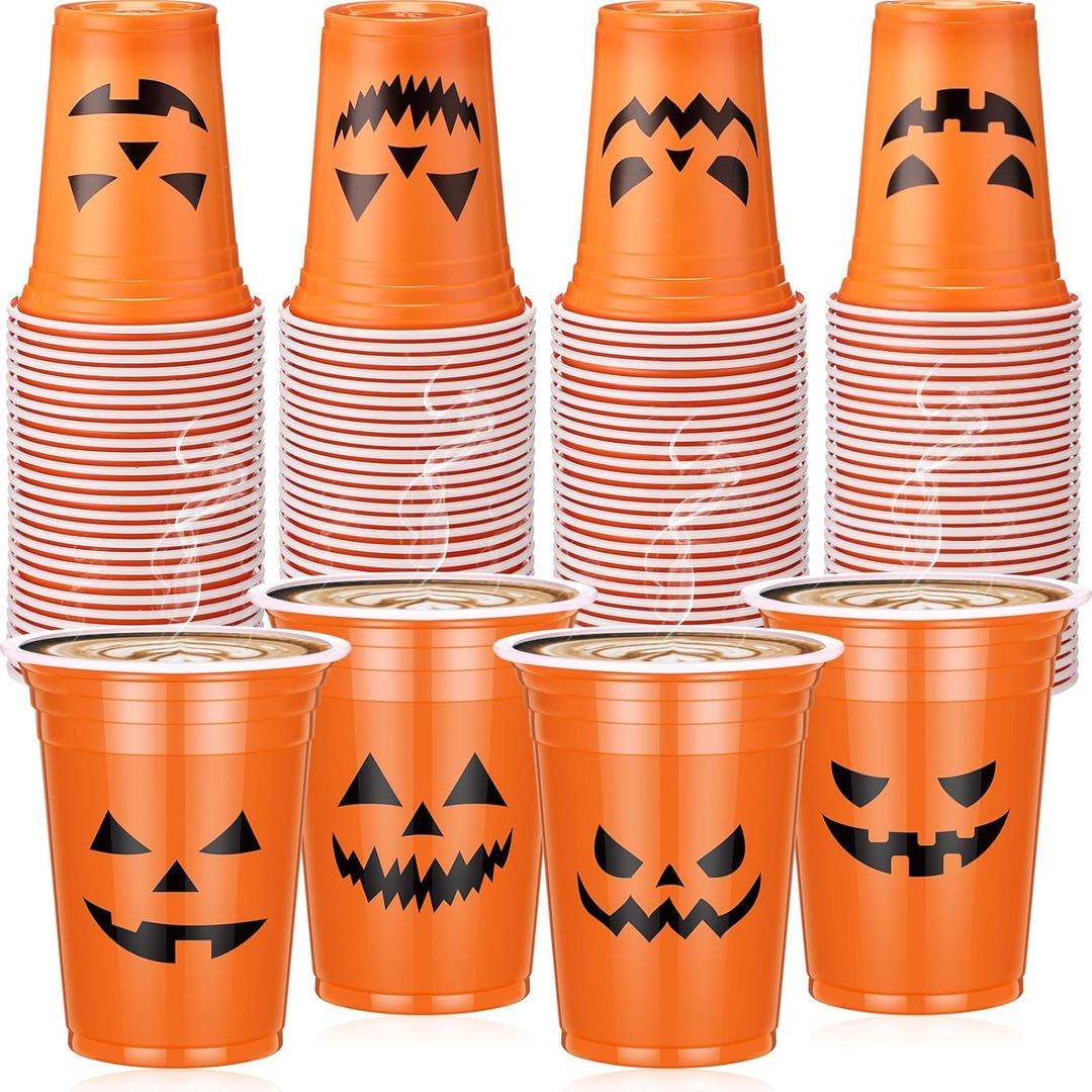 Dandat 120 Pcs 12 oz Halloween Party Plastic Cups Disposable Pumpkin Skull Cups for Halloween Party Favors Supplies Coffee(Classic)