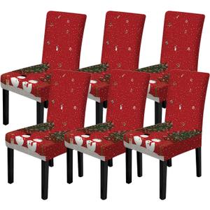 FOREVER QUEEN Red & White Classic Chair Covers 6 Pcs -Stretchable Washable Dining Chair Slipcovers,Festive Plaid Lace Back Covers for Home Kitchen Cafe,Daily Use Chair Protectors (Snowman Christmas Tree)