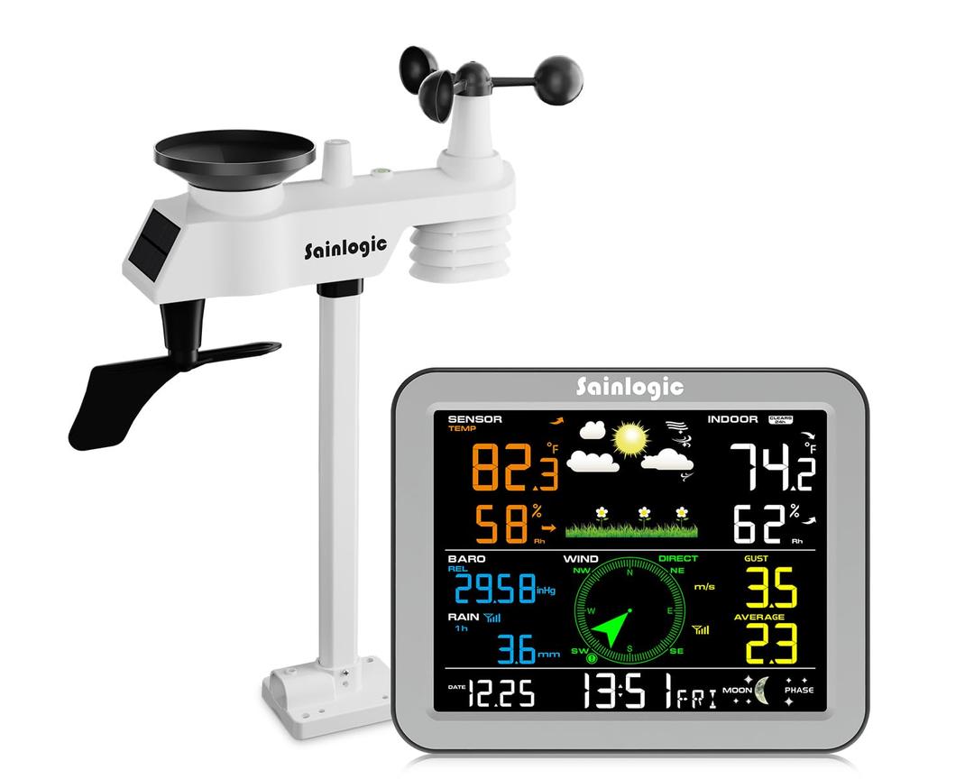Wireless Weather Station with Outdoor Sensor, Weather Forecast, Temperature, Air Pressure, Humidity, Wind Gauge, Rain Gauge