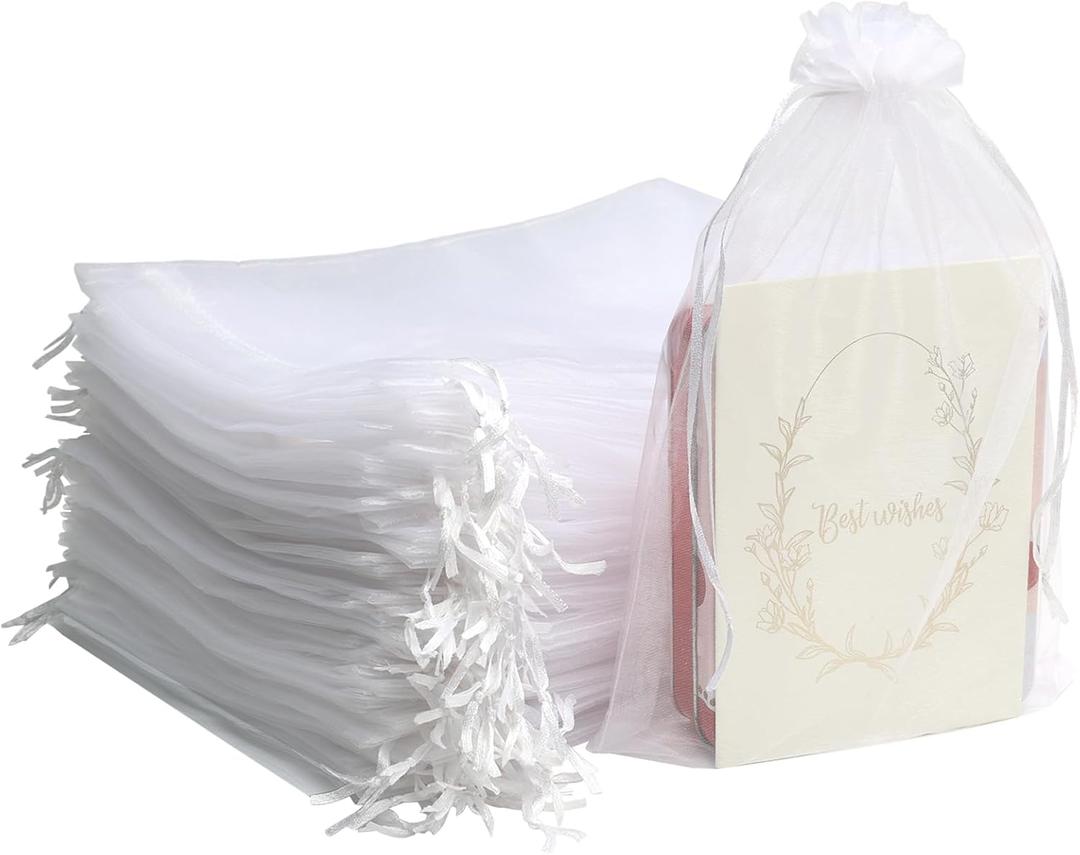 Uigidori 100 Pcs Premium Organza Bags, 8 x 12 Inches Sheer Organza Gift Pouches with Drawstring, Large Mesh Favor Bags for Wedding Favors, Party, Jewelry, Christmas, Makeup Wrapping Supplies (White)