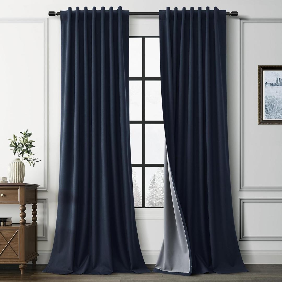 Guken Navy Blue 100% Blackout Linen Curtains for Living Room 102 Inches Long 2 Panels Set Elegant Textured Back Tab Hook Belt Room Darkening Thermal Insulated Soundproof Drapes Sliding Door 52x102