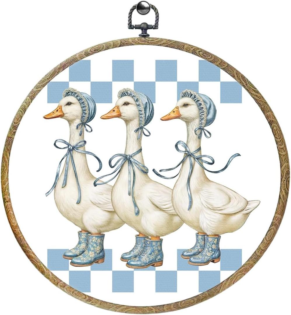 Cute Checkered Bow Goose Decor Goose Stuff Framed Round Wall Decor Canvas Wall Art Hanging Prints Artwork for Home Animals Lovers Room Living Room Farmhouse Boys Girls Decorations 10.2X10.2 Inch (Blue Plaid Duck 0388)
