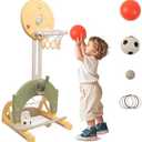 hoopyosms 4-in-1 Toddler Basketball Hoop Adjustable Height Indoor Outdoor Sports Center for Kids Aged 1-3 Basketball, Soccer, Hockey & Ring Toss, Yellow and Green