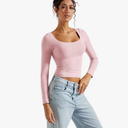 SUUKSESS Women Double Lined Fitted Basic T Shirts Scoop Neck Long Sleeve Crop Top XS