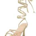 Putu Strappy Heels for Women Tie up Stiletto Heels Square Open Toe Sandals for Wedding, Party, Prom, Gold, 8