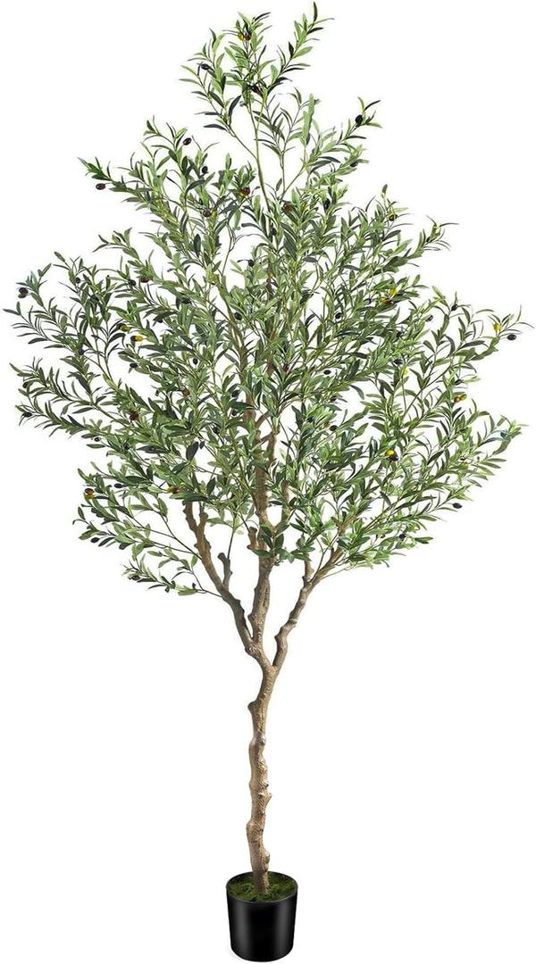 7ft Artificial Olive Tree Potted, Faux Indoor Plants with Natural Wood Trunk & Lifelike Fruits, Realistic Tall Fake Tree for Home Office Decor, Housewarming Gifts