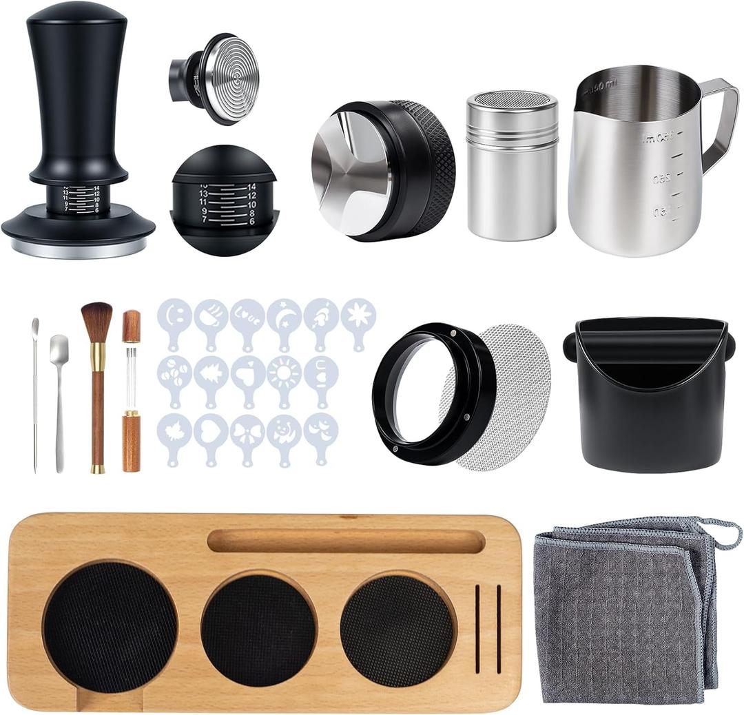 29PCS Espresso Accessories Kit,51mm Espresso Tamper Tools,Includes Wood Station,Distributor,Knock Box,Stirrer,Dosing Funnel,Brush,Puck Screen,Frothing Pitcher,Powder Ring,Towel,Decorative Stencils
