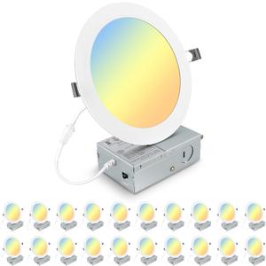 20 Pack 7 Inch 3CCT Ultra-Thin LED Recessed Light with Junction Box, 3000K/4500K/6000K Selectable, 18W Eqv 125W, Dimmable Canless Downlight, 1600LM High Brightness