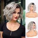 Matthia Short Curly Wavy Bob Wigs for White Women Ombre Grey Ash Blonde Bob Synthetic Wavy Wig with Dark Roots Short Hair Realistic Wigs for Women (Ombre Grey Mixed Brown)