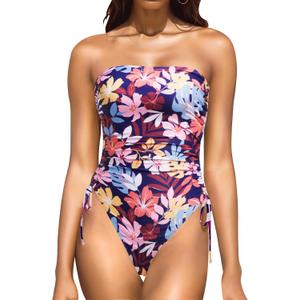 Yonique Women Strapless One Piece Swimsuit Tummy Control Bandeau Bathing Suit Cheeky Swimwear (Medium, Colorful Leaves)