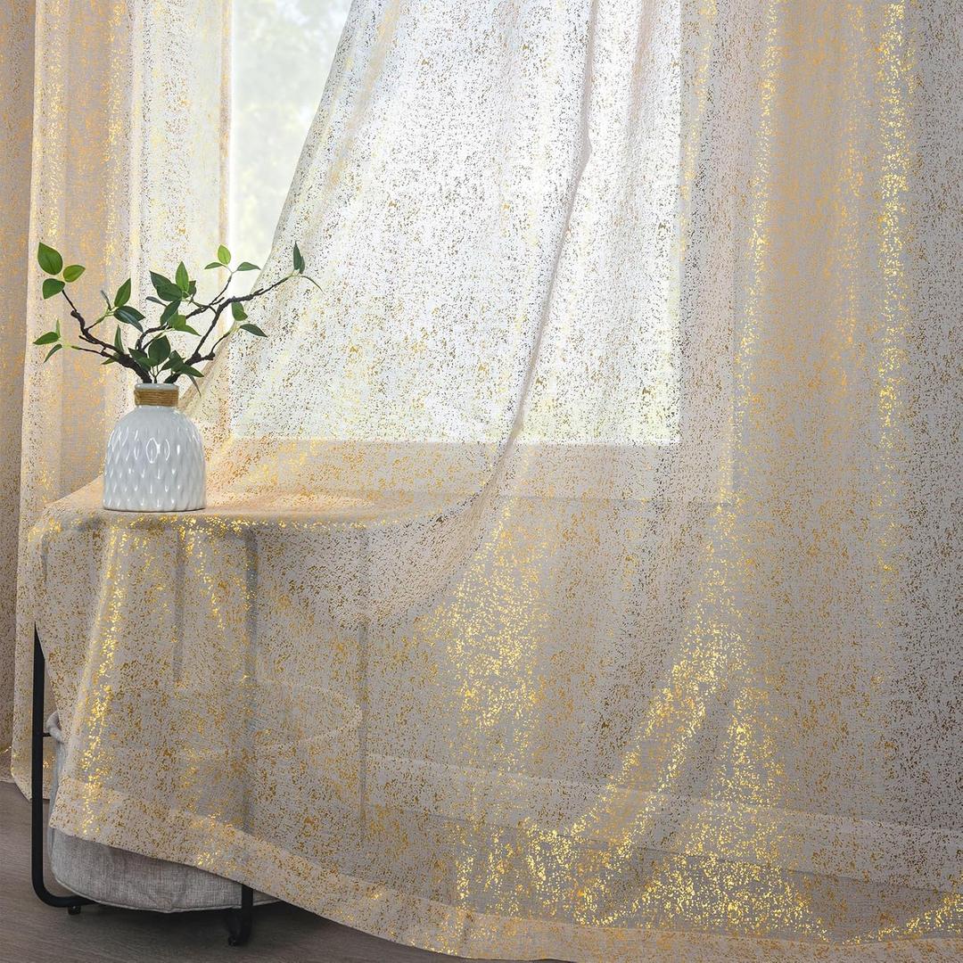 TERLYEX Shimmer Gold Sheer Curtains 95 Inches Long, 2 Panels Metallic Foil Taupe Curtains for Living Room, Grommet Privacy Light Filtering Sparkle Drapes, 52 x 95 Inch