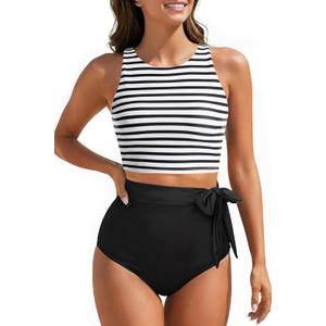 Aqua Eve Women High Waisted Bikini Set Racerback Swimsuit Two Piece Bathing Suit High Neck Swimwear (L)