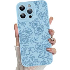 MZELQ for iPhone 15 Pro Max Case, Silicone Floral Flower Rose Cute Pattern, Camera Protection Soft Slim Phone Case for Girls Women Blue