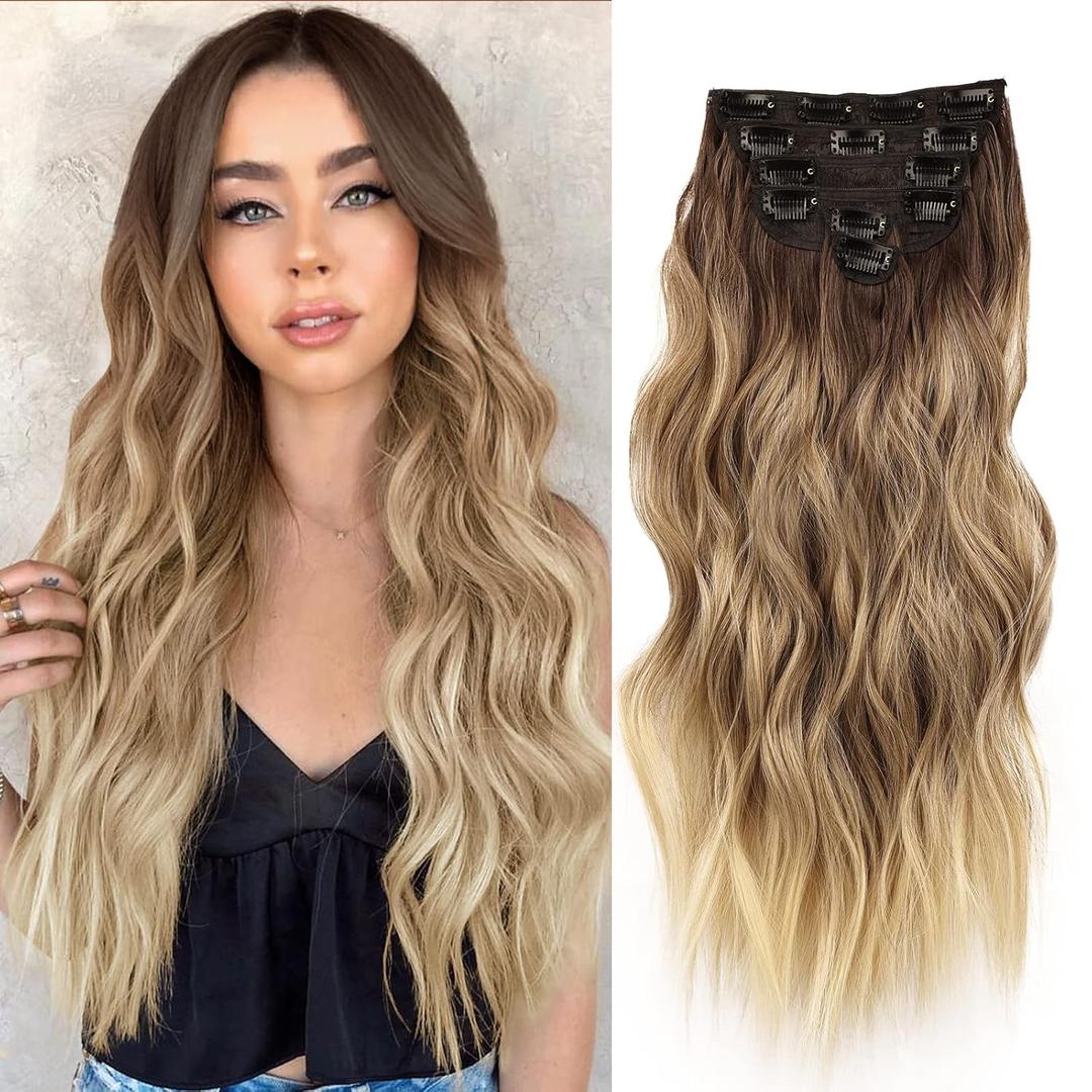 NAYOO Clip in Hair Extensions for Women 20 Inch Long Wavy Curly Ombre Brown to Blonde Hairpieces Full Head Synthetic Hair Hairpieces(6PCS,Ombre Brown to Blonde)
