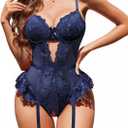 Avidlove Lingerie for Women Mesh Lace Bodysuit Sexy Wireless Garter Lingerie Set Teddy Lingerie(No Stockings) (Medium, Navy Blue)