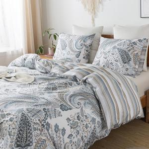 HoneiLife King Size Duvet Cover - 3pcs Paisley Comforter Cover, Soft & Breathable Floral Bedding Duvet Cover Sets with Zipper Closure & Corner Ties, Wildflower Comforter Cover Sets All Season Use (King-104" x 90", Blue & Brown)