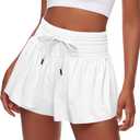 Edenfox Women Flowy Athletic Shorts,2 in 1 High Waisted Running Shorts with Pocket Yoga Workout Casual Wear Summer (White, XXL)
