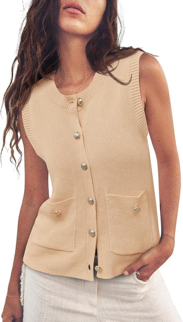 Saodimallsu Womens Summer Cropped Sweater Vest Sleeveless Button Ribbed Knit Crew Neck Cardigan Vests Top with Pockets (Beige)