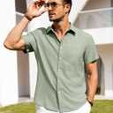 Alimens & Gentle Mens Linen Shirts Short Sleeve Button Down Shirts Wrinkle Free Casual Vacation Beach Summer Tops (Green, XL)