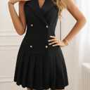 2025 Women's Notch Lapel V Neck Mini Dress Double Breasted Sleeveless, High Waist Pleated Skirt Vintage Audrey Hepburn Style (Black, XL)