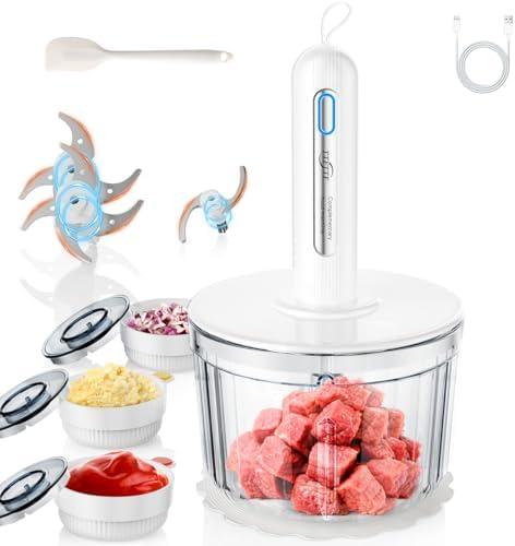 TTFTTF Glass Food Processor with 3 Blades & 4 Bowls (8 Cup + 3x0.5 Cup), Small Food Processor& Meat Grinder - Compact Design for Meal Prep, Baby Food, Sauces - Dishwasher Safe