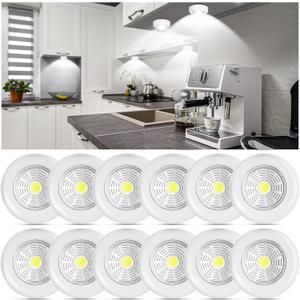 Macarrie 12 Pack Wireless LED Puck Lights, Under Cabinet Lighting, 70 Lumens Portable Touch Light, Stick on Battery Powered, for Kitchen Closets Cabinets Garage Bedroom Shelf(Classic Style)