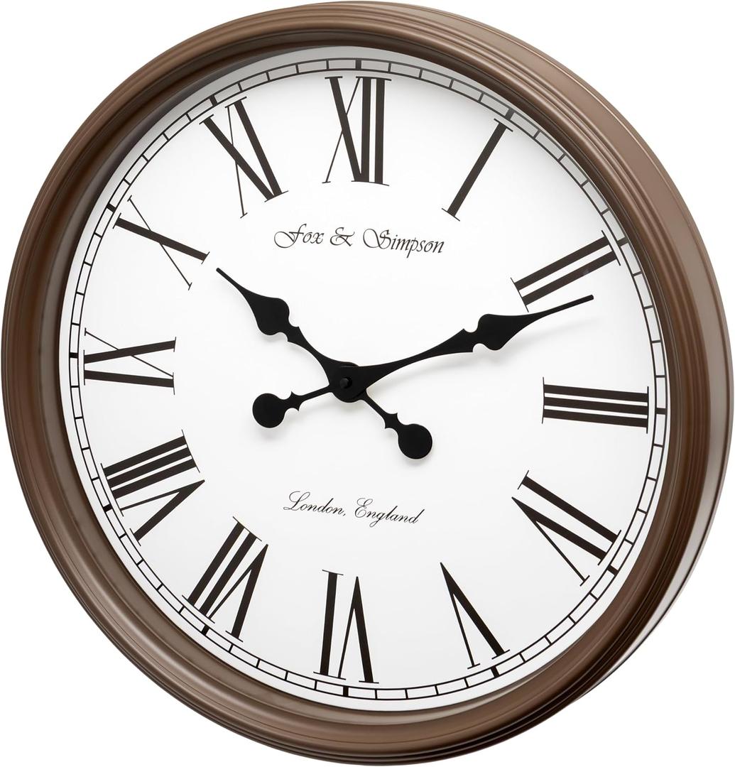 Extra Large 50cm Wall Clock in Brown - 20 Inch Silent Non Ticking Wall Clocks for Living Room, Vintage Farmhouse Train Station Design with Black Roman Numerals, Over Fireplace Clock