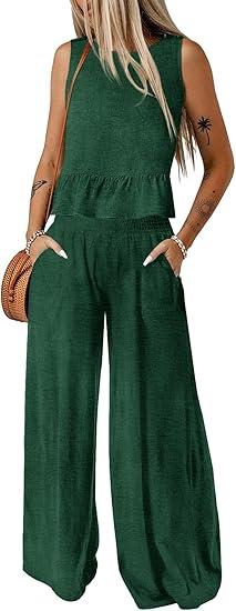 Dokotoo Pants Sets Women 2 Piece Outfits Sleeveless Round Neck Tank Tops Matching Sets for Women Elastic Waist Wide Leg, Size S