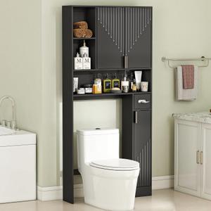 GOODONE Black Over The Toilet Storage Cabinet - with 3 Doors and Toilet Paper Holder Stand, FreeStanding, for Bathroom, Restroom, Laundry