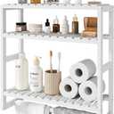 Galood Over The Toilet Storage Bathroom Shelves Wall Mounted 3 Tier Space Saver Corner Shelf Organizer Bamboo Towel Rack Toilet Paper Cabinet with Hanging Rod White
